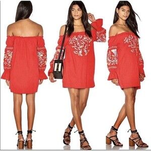 Free People Fleur Du Jour Dress Red Off Shoulder Floral Embroidered Summer Sz XS